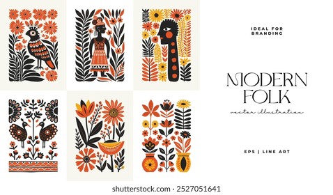 Abstract folk nordic art posters template. Modern trendy minimal style. Hand drawn design for wallpaper, wall decor, print, postcard, cover, template, banner. 