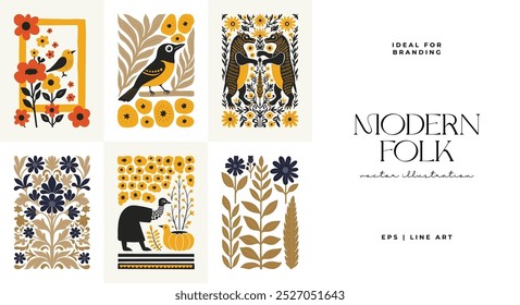 Abstract folk nordic art posters template. Modern trendy minimal style. Hand drawn design for wallpaper, wall decor, print, postcard, cover, template, banner. 