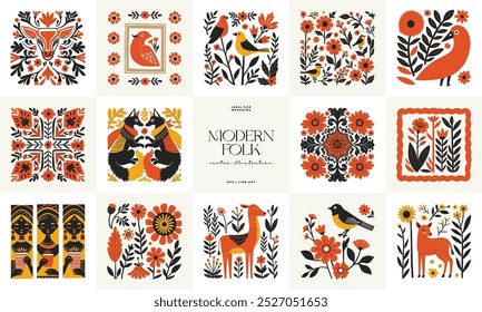 Abstract folk nordic art posters template. Modern trendy minimal style. Hand drawn design for wallpaper, wall decor, print, postcard, cover, template, banner. 