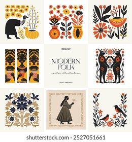 Abstract folk nordic art posters template. Modern trendy minimal style. Hand drawn design for wallpaper, wall decor, print, postcard, cover, template, banner. 