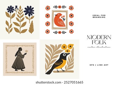 Abstract folk nordic art posters template. Modern trendy minimal style. Hand drawn design for wallpaper, wall decor, print, postcard, cover, template, banner. 