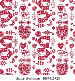 Abstract folk seamless pattern with birds, owls and decorative flowers