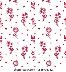 Abstract folk seamless pattern with decorative elements, flowers and hearts