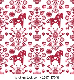 Patrón de folclore abstracto sin fisuras con caballos, flores y elementos decorativos 