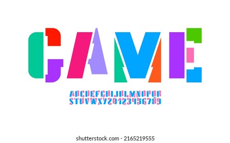 Abstract font, alphabet in the game style, bright colored stencil letters and numbers with parts, vector illustration 10eps