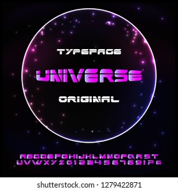Abstract font and alphabet. Typography digital space concept. Vector illustration. Outer space background.