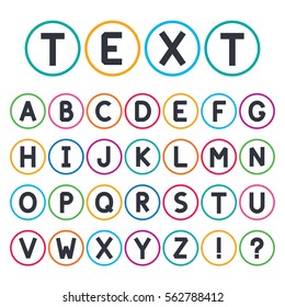 Abstract font collection. Stylized alphabet capital letters. Exclamation sign and question mark. Colorfull circle with characters. Vector