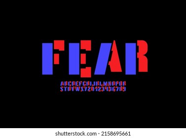 Abstract font, heavy alphabet, multi colored stencil letters and numbers with parts, vector illustration 10eps