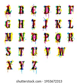 An abstract font imitating a leaked printer. Alphabet CMYK vector. 