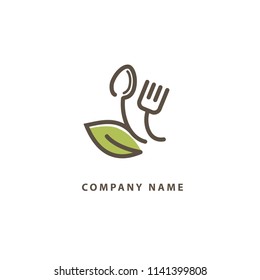 Abstract food logo icon vector design. Recipe, diet, cooking, cafe, restaurant, vegan, gmo, gluten free fresh food vector logo. Editable Design. Leaf and cutlery logo. Cooking food, menu web icon.