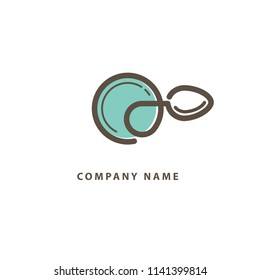 Diseño del vector del logotipo de la comida abstracto. Receta, cocina, curso, café, restaurante, logo vectorial de comida rápida. Diseño editable. Logotipo de placa y cubiertos. Cocina, menú, icono web. Signo abstracto