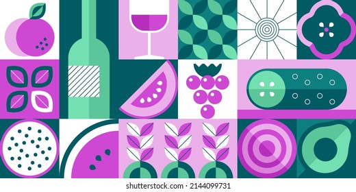 Comida abstracta. Frutas geométricas minimalistas y verduras en pancartas brutalistas. Ilustración vectorial de alimentos orgánicos. Arte moderno con botella y vaso de vino, uvas, sandía y pepino