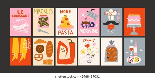 Abstract food posters for the kitchen. Culinary compositions in cartoon trendy style of Matisse. Decor for kitchens, cafes and restaurants. Minimalist banners for wall decor, prints, wallpaper.