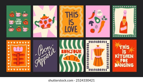 Abstract food posters for the kitchen. Culinary compositions in cartoon trendy style of Matisse. Decor for kitchens, cafes and restaurants. Minimalist banners for wall decor, prints, wallpaper.