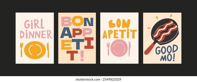 Abstract food posters for the kitchen. Culinary compositions in cartoon trendy style of Matisse. Decor for kitchens, cafes and restaurants. Minimalist banners for wall decor, prints, wallpaper.