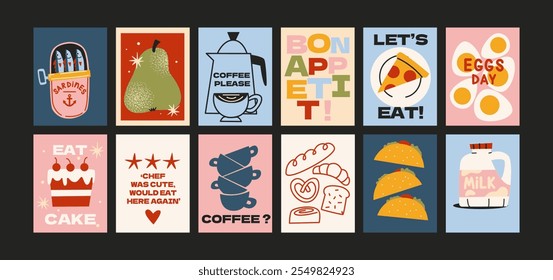 Abstract food posters for the kitchen. Culinary compositions in cartoon trendy style of Matisse. Decor for kitchens, cafes and restaurants. Minimalist banners for wall decor, prints, wallpaper