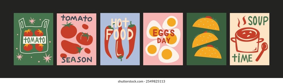 Abstract food posters for the kitchen. Culinary compositions in cartoon trendy style of Matisse. Decor for kitchens, cafes and restaurants. Minimalist banners for wall decor, prints, wallpaper.