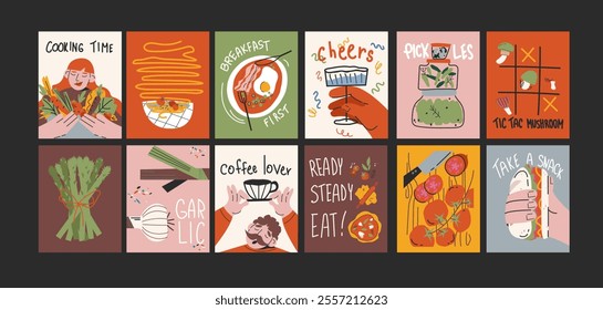 Abstract food posters for the kitchen. Culinary compositions in cartoon trendy style of Matisse. Decor for kitchens, cafes and restaurants. Minimalist banners for wall decor, prints, wallpaper.