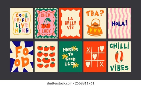 Abstract food posters for the kitchen. Culinary compositions in cartoon trendy style of Matisse. Decor for kitchens, cafes and restaurants. Minimalist banners for wall decor, prints, wallpaper.