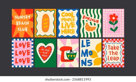 Abstract food posters for the kitchen. Culinary compositions in cartoon trendy style of Matisse. Decor for kitchens, cafes and restaurants. Minimalist banners for wall decor, prints, wallpaper