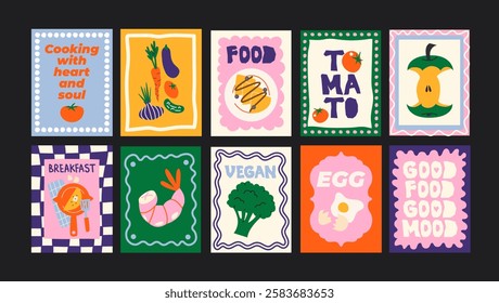 Abstract food posters for the kitchen. Culinary compositions in cartoon trendy style of Matisse. Decor for kitchens, cafes and restaurants. Minimalist banners for wall decor, prints, wallpaper.