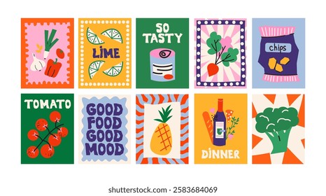 Abstract food posters for the kitchen. Culinary compositions in cartoon trendy style of Matisse. Decor for kitchens, cafes and restaurants. Minimalist banners for wall decor, prints, wallpaper.