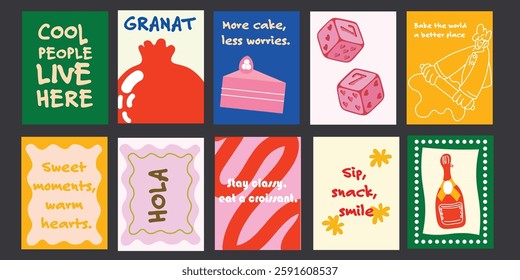Abstract food posters for the kitchen. Culinary compositions in a trendy Matisse-inspired style. Perfect decor for kitchens, cafes, and restaurants. Minimalist banners for wall art, prints, wallpapers