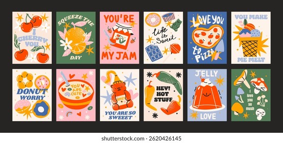 Abstract food posters for the kitchen. Culinary compositions: fruits, sweets in cartoon trendy retro style. Decor for kitchens, cafes and restaurants. Minimalist banners for wall decor, prints