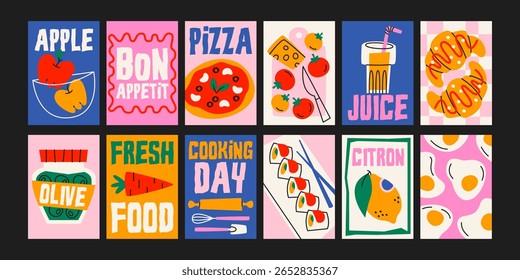 Abstract food posters for the kitchen. Culinary compositions in cartoon trendy style of Matisse. Decor for kitchens, cafes and restaurants. Minimalist banners for wall decor, prints, wallpaper.