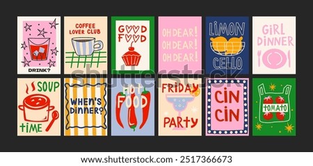 Abstract food posters for the kitchen. Culinary compositions in cartoon trendy style of Matisse. Decor for kitchens, cafes and restaurants. Minimalist banners for wall decor, prints, wallpaper.	
