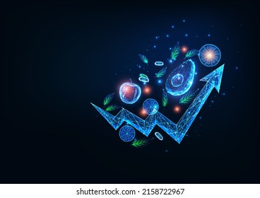 Abstract Food Price Rise Concept With Glowing Low Poly Grocery Vegetable And Fruit And Arrow Chart 