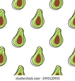 Abstract food seamless pattern with isolated green avocado ornament. White background. Fruit print. Decorative backdrop for fabric design, textile print, wrapping, cover. Vector illustration.