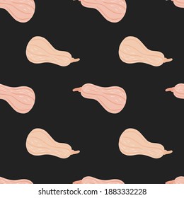 Abstract food seamless pattern with light pink pumpkin elements. Black background. Perfect for fabric design, textile print, wrapping, cover. Vector illustration