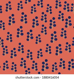 Abstract food seamless pattern with navy blue colored blackberry elements. Orange background. Designed for fabric design, textile print, wrapping, cover. Vector illustration