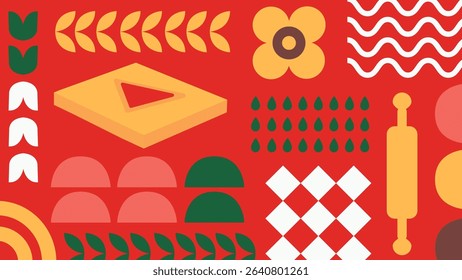 Abstract food-themed design with geometric pizza ingredients, bold shapes and modern elements on red. Ideal for restaurant branding and Italian food visuals.