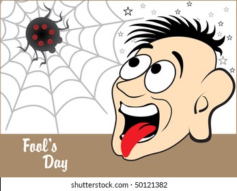 abstract fools day background with funny face, spider and star