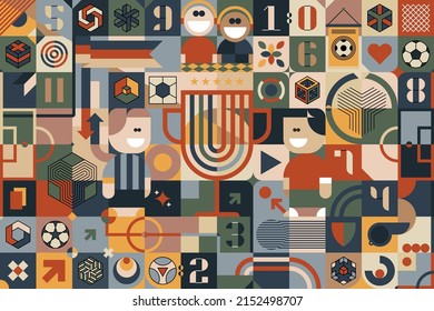 Abstract football composition background with simple geometric shapes and elements, football players and balls icons, numbers and seamless hexagon patterns for your design