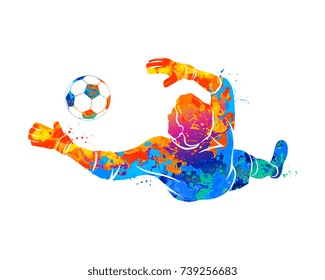 Abstract football goalkeeper is jumping for the ball Soccer from a splash of watercolors. Vector illustration of paints.