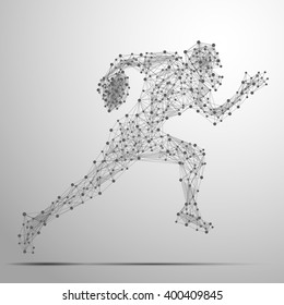 Abstract football player in motion with cybernetic particles. Vector mesh spheres from flying debris. Footballer running polygonal thin line concept. 