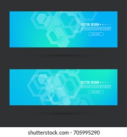 Abstract footer with transparent cubes, hexagons carcass. Futuristic vector header. 