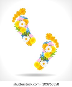 abstract footprints composed from spring flowers on white background - vector illustration