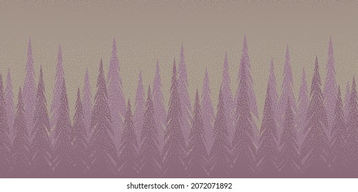 Abstract forest background with fir trees and interesting texture in pink and crimson tones, nature, landscape. Evergreen coniferous trees. Vector silhouettes of trees.