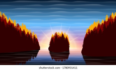Abstract Forest Background Sky Nature With Lake Vector Design Style Silhouette