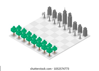 Abstract Forest and Building chess 3D isometric virtual, World Environment Day concept design illustration isolated on white background