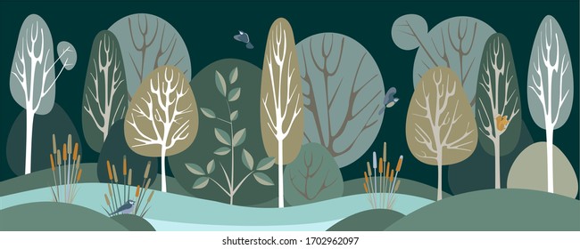 Abstract Forest Landscape. Green Background Vector Flat Cartoon Illustration.