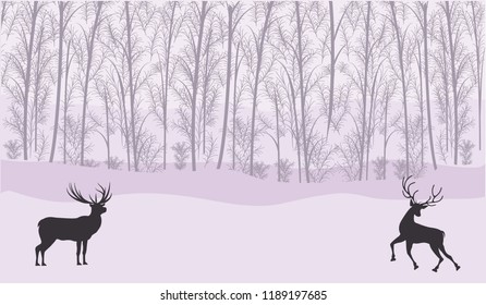 Abstract forest landscape - moose and deer - pink background - flat style - vector