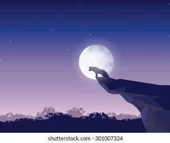 Abstract forest landscape scenery with wolf on the moonlight on full moon looking down a cliff edge