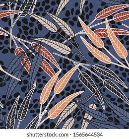 Abstract forest leaf wallpaper. Branch and leaves seamless pattern. Design for printing, textile, fabric, fashion, interior, wrapping paper. Vector illustration