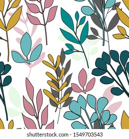 Abstract forest leaves seamless pattern. Floral endless wallpaper. Botanical background. Printing, textile, fabric, fashion, interior, wrapping paper concept. Vector illustration 