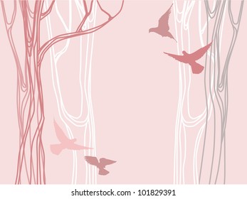 Abstract forest with linear trees silhouettes and flying birds over pink background